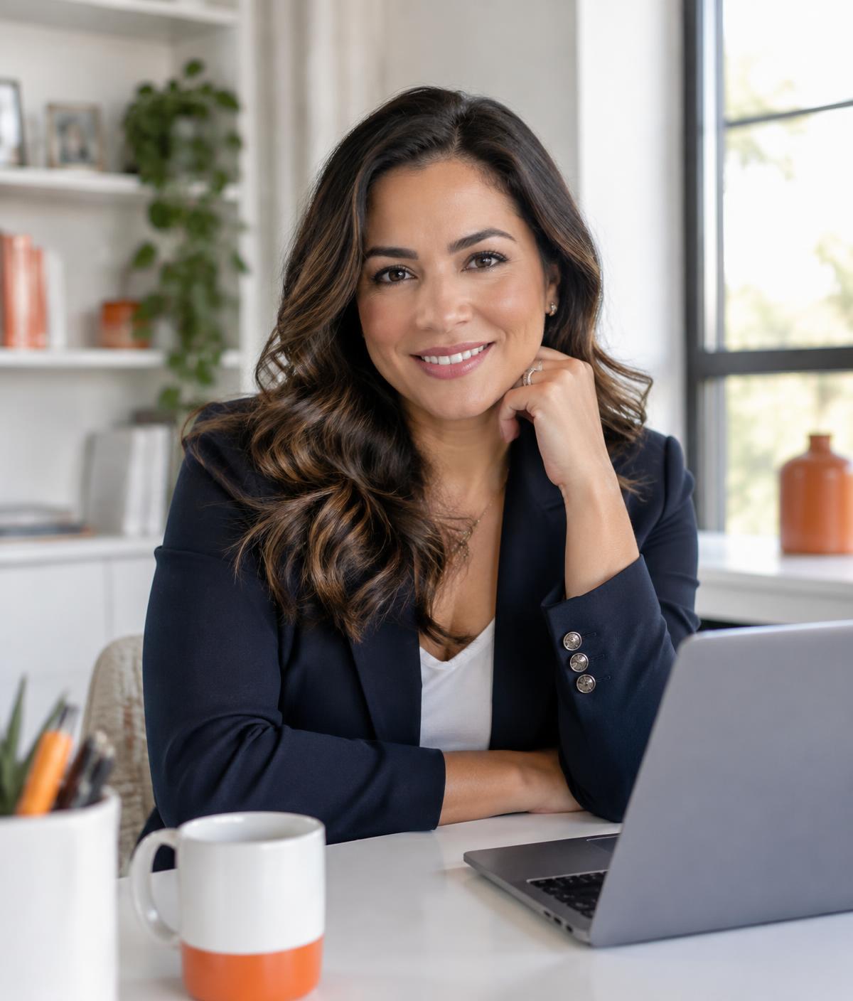 Tax professional smiling at her desk in a bright home office